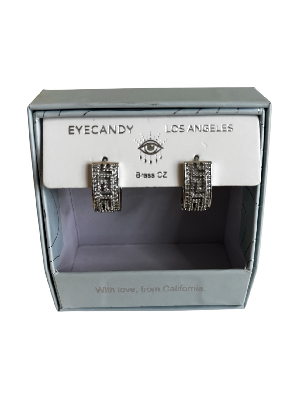 EyeCandy Greek Key Pattern Silver Toned Huggie Hoops w/ Sparking CZ accents.